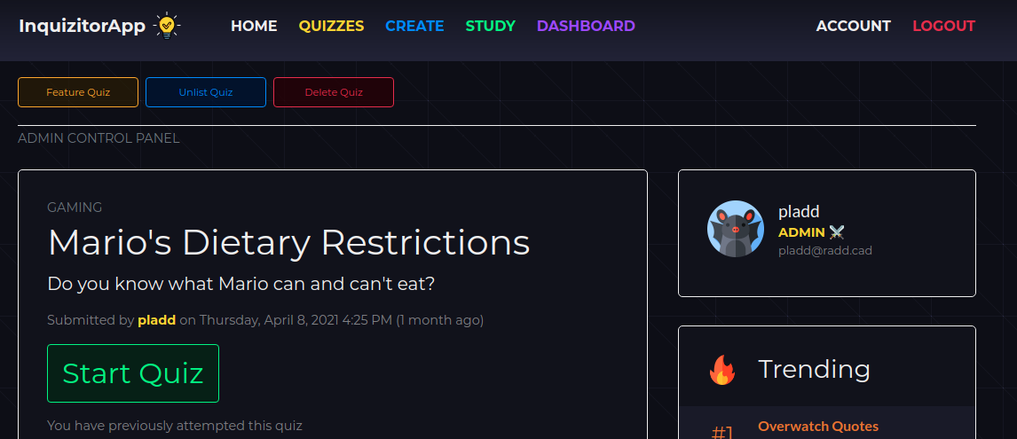 Spoiler alert: Mario can eat only fungus. Thankfully, everything in the Mushroom Kingdom, sapients included, is made of fungus, so he never goes hungry. A screenshot of the InquizitorApp page, showing a quiz entitled 'Mario's Dietary Restrictions.'