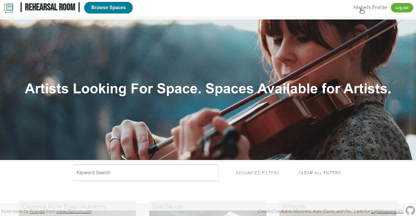 Please note that all violin-practicing spaces come with a surly violin expert who will silently judge your amateur technique. A screenshot of the Rehearsal Room front page, displaying a woman playing a violin with the text 'Artists Looking For Space. Spaces Available For Artists.'