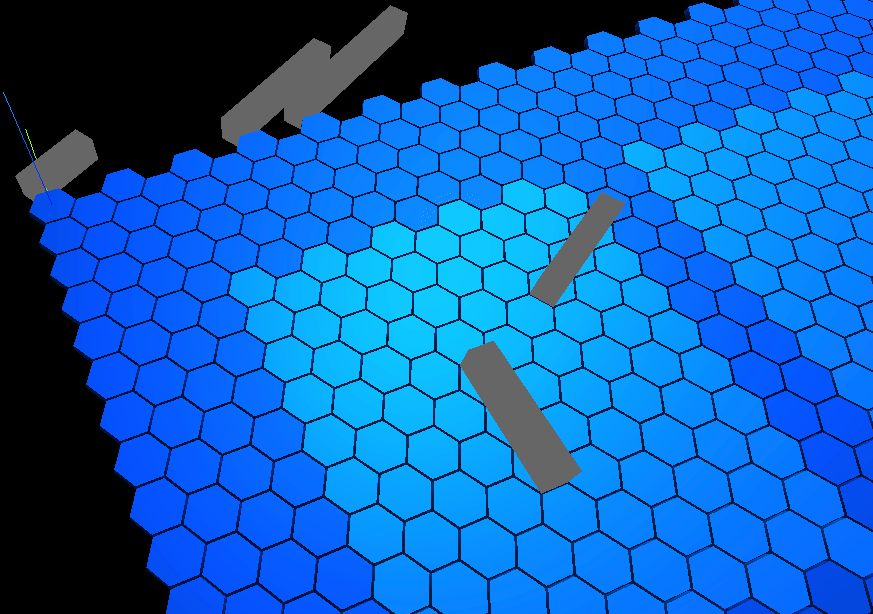 I like the color blue. can you tell. it's hard to tell An animation showing user interaction in ShootyBoats. A cursor moves over a game board composed of blue hexagonal tiles. Each tile is highlighted in a lighter color when the cursor passes over it. The cursor interacts with several ship pieces on the board, represented by grey rectangular blocks. The user moves them to different locations on the board, selects new ones from the edge of the board, and returns some placed pieces to the edge, displaying the range of interaction that ShootyBoats supports.